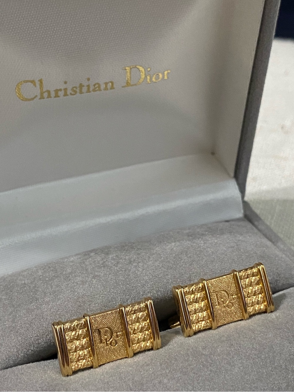 LKNW Vintage Christian Dior Cufflinks with Box Gold Tone Logo Basketweave